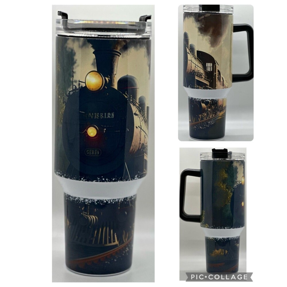 "Long Black Train" NEW 40 oz. Stainless Steel Tumbler w/Handle & Straw